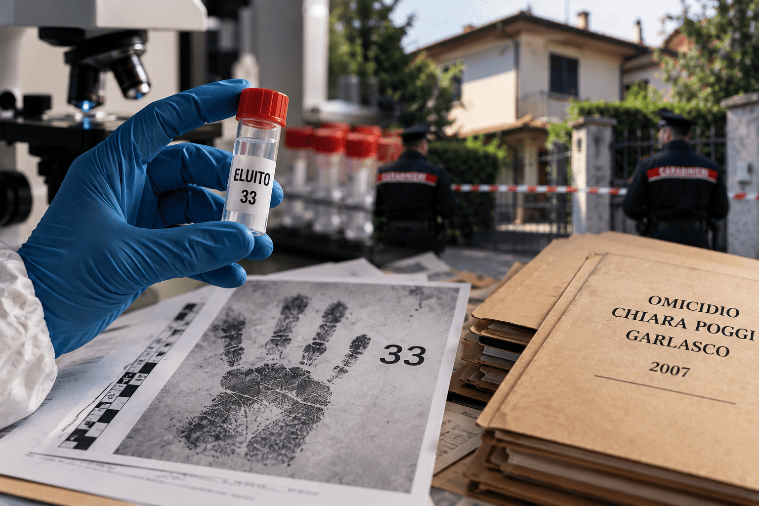 Illustrazione forense con provetta contrassegnata 33, impronta palmare e fascicolo del caso Garlasco