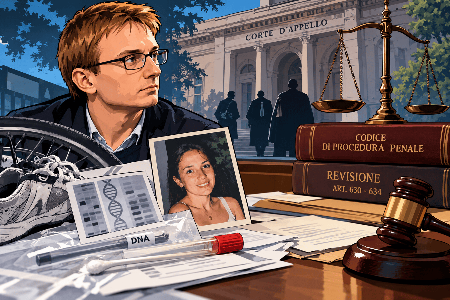 Illustrazione di un'indagine giudiziaria tra documenti, prove scientifiche e simboli della giustizia