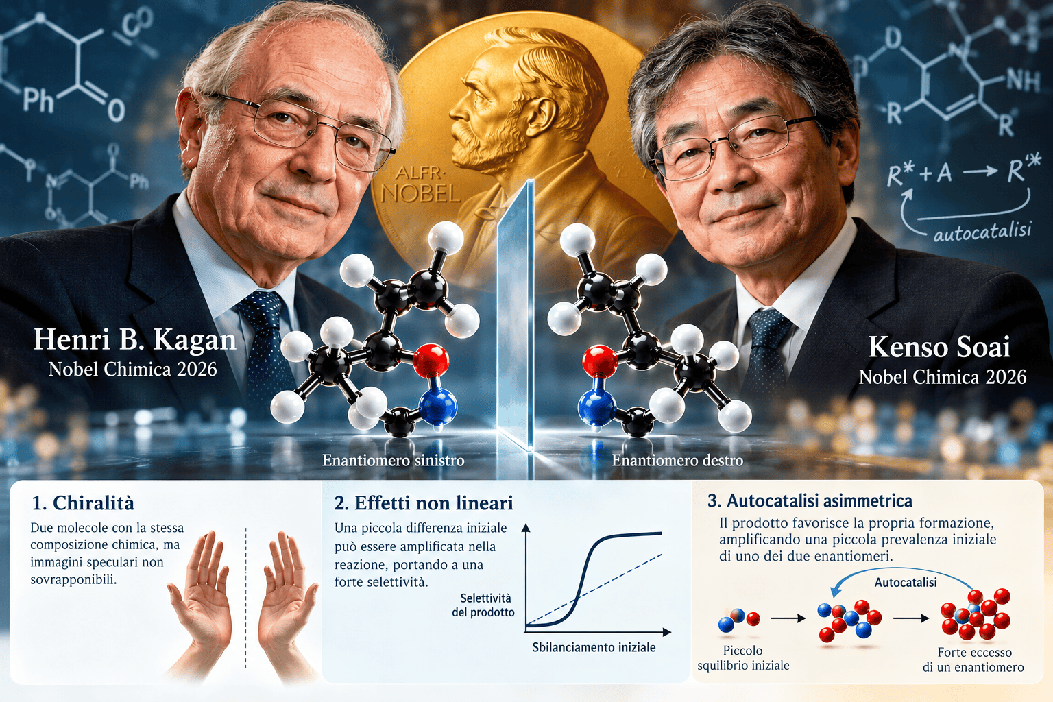Infografica su chiralità, effetti non lineari e autocatalisi asimmetrica nel Nobel Chimica 2026