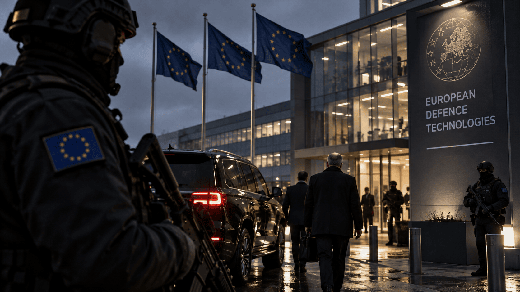 Ingresso di una struttura della difesa europea al crepuscolo nel contesto dell'allerta delle intelligence
