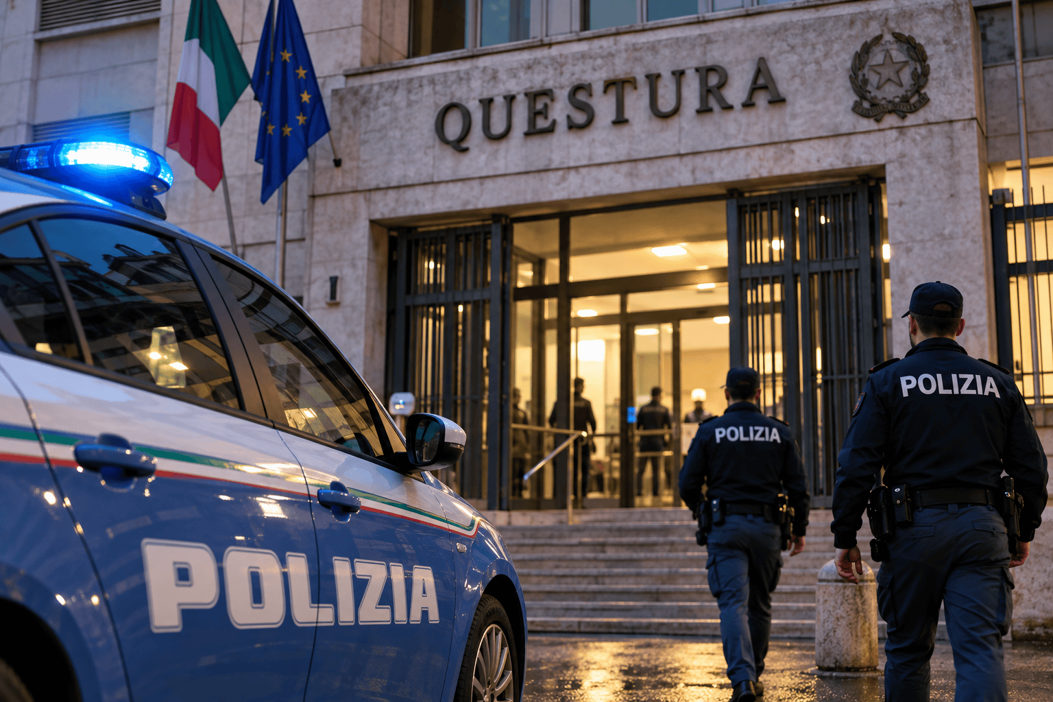Ingresso di una Questura con auto e agenti della Polizia di Stato
