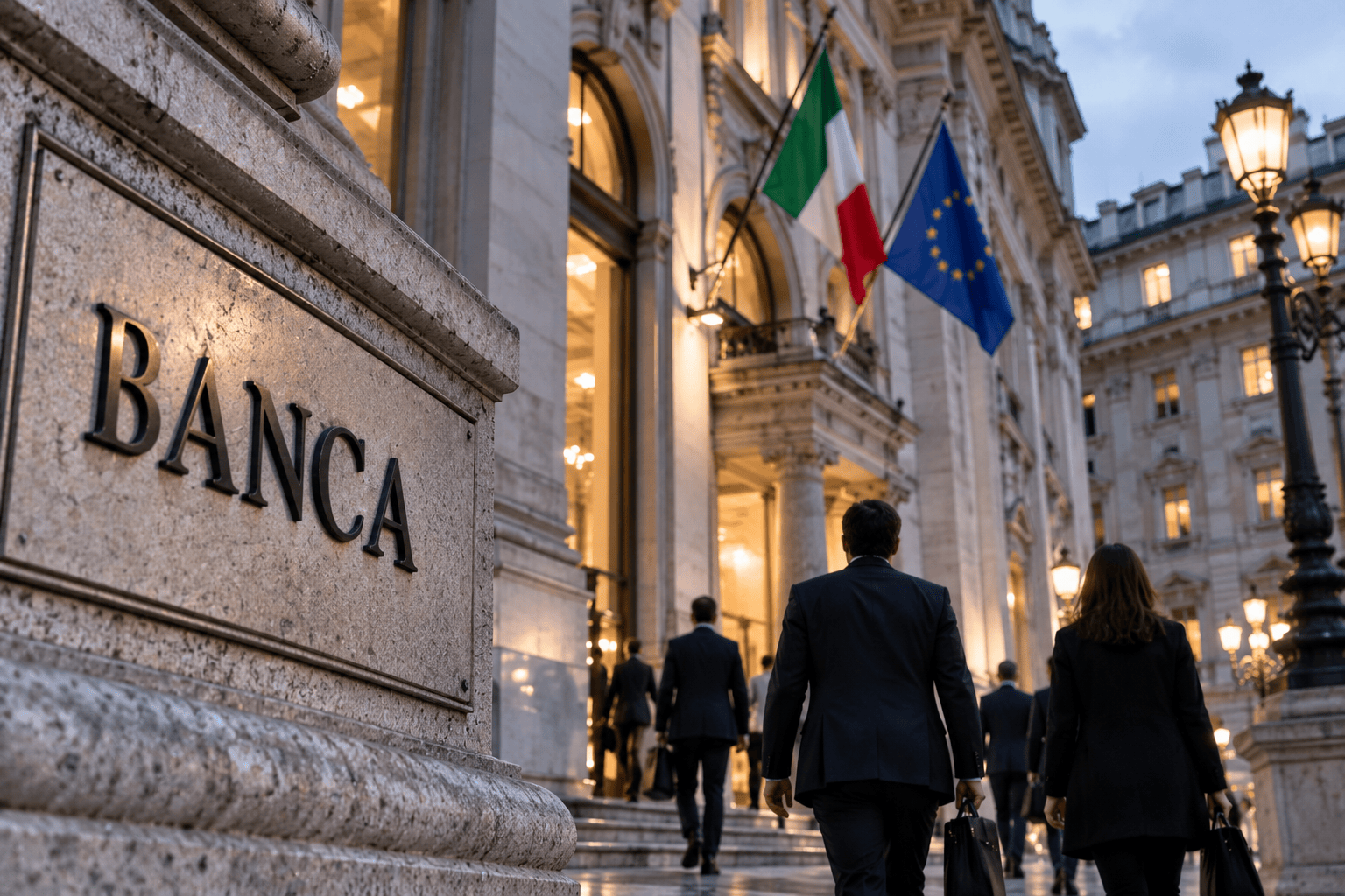 Ingresso serale di un edificio bancario europeo nel contesto delle nuove misure fiscali