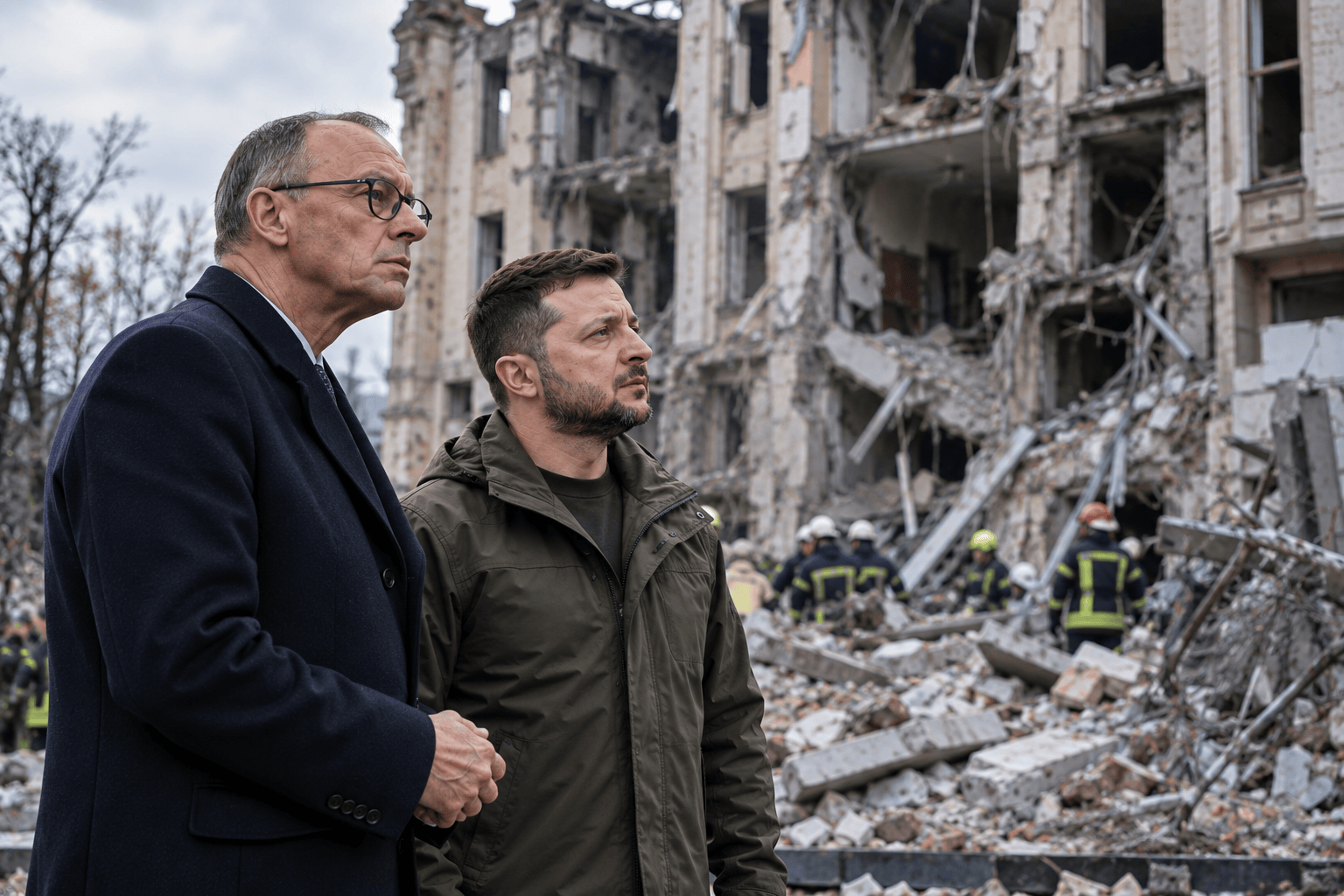Illustrazione AI di Friedrich Merz e Volodymyr Zelensky durante un sopralluogo tra edifici danneggiati