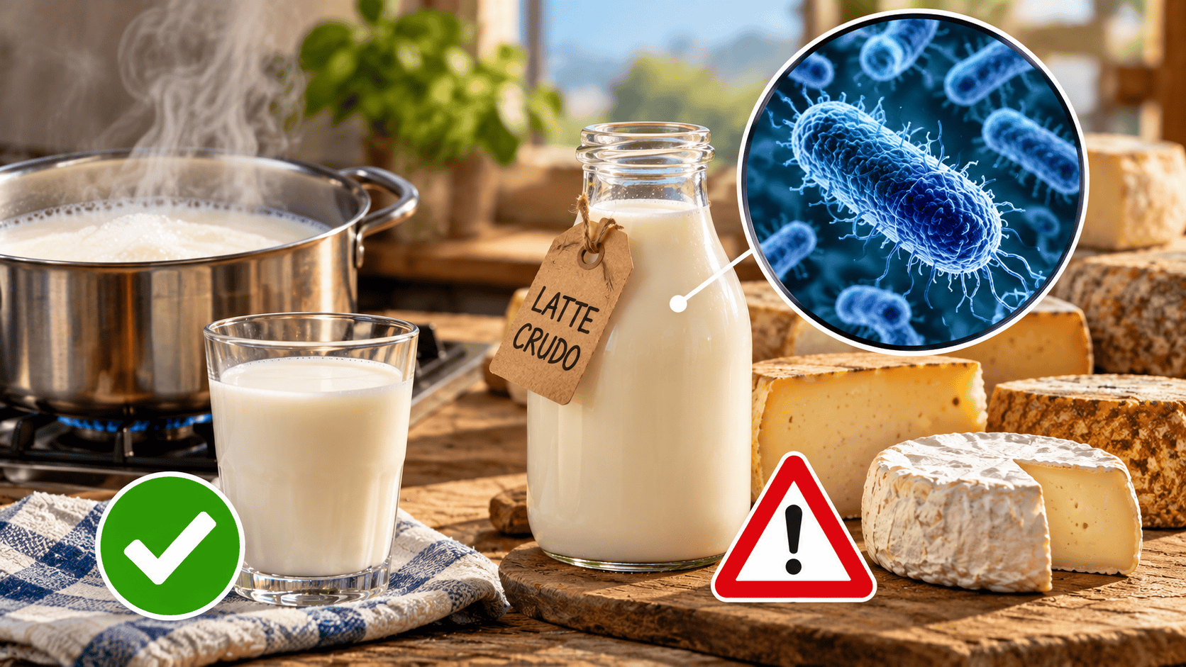 Latte crudo versato in un bicchiere con richiamo ai rischi microbiologici