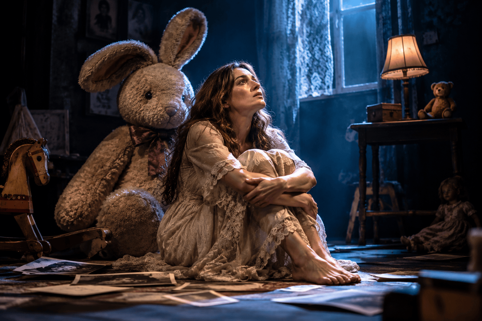 Figura malinconica tra giocattoli e ricordi d'infanzia, immagine associata allo spettacolo Rabbit Hole