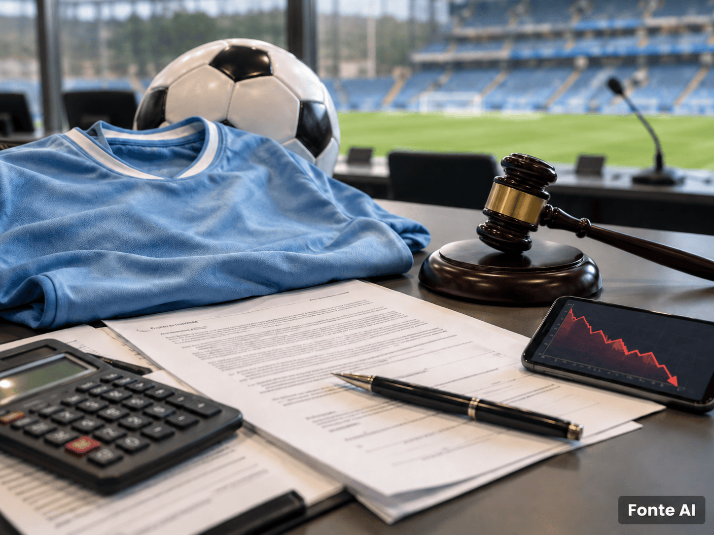 Documenti finanziari, pallone, maglia azzurra e martelletto utilizzati per rappresentare il procedimento sul Manchester City
