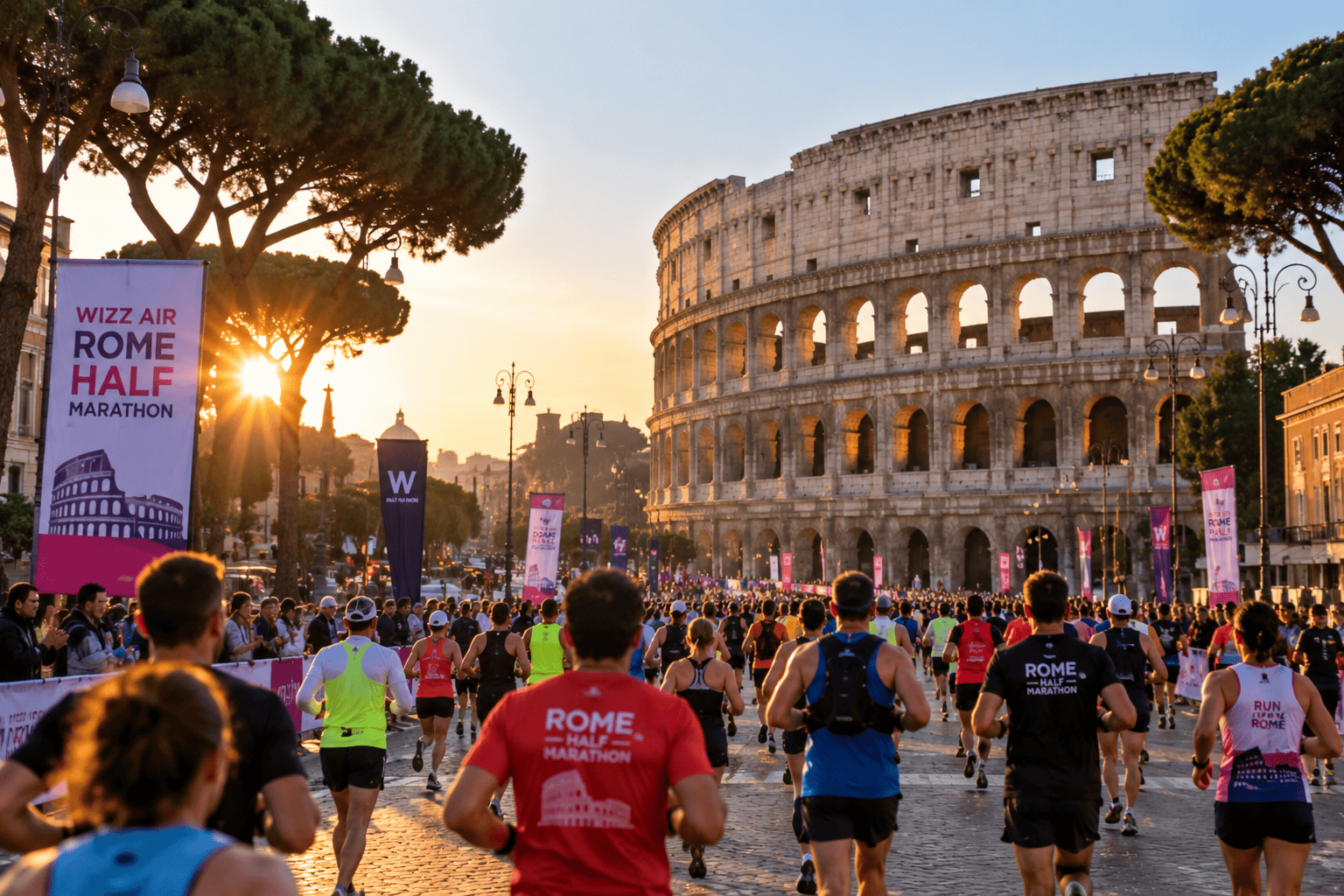 Runner durante la Mezza Maratona di Roma all'alba davanti al Colosseo