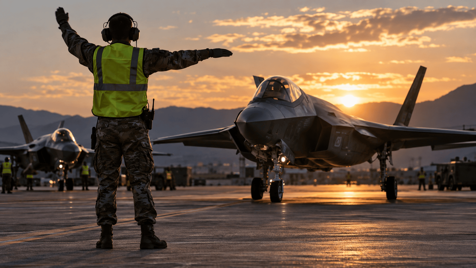Personale a terra impegnato su una pista militare al tramonto