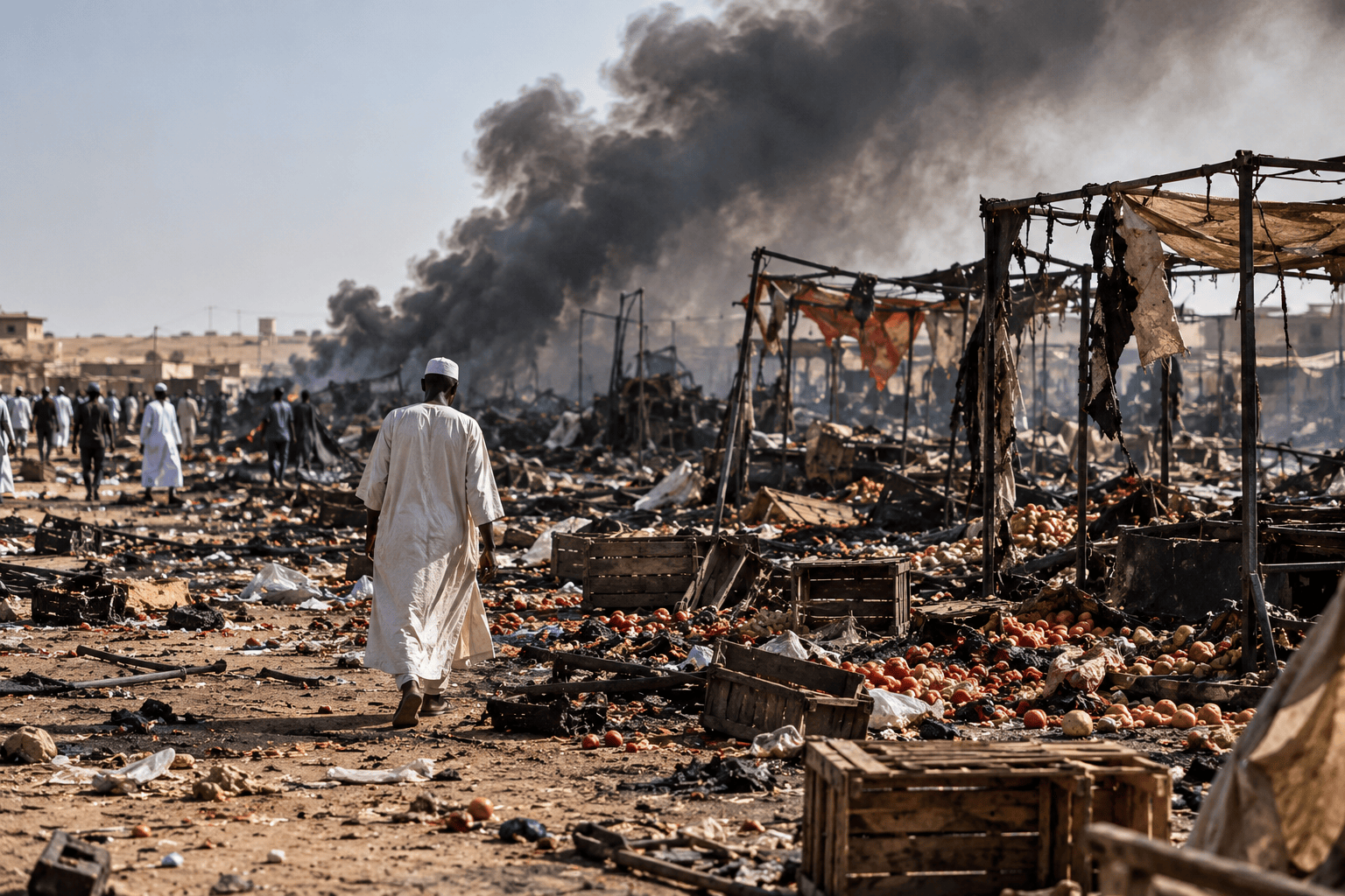 Mercato devastato dopo l’attacco con droni nella regione di Abyei