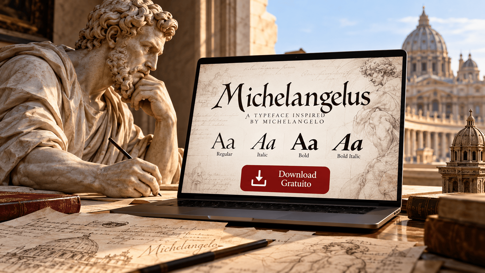Michelangelus, il font ispirato alla grafia di Michelangelo, mostrato su un computer davanti alla Basilica di San Pietro