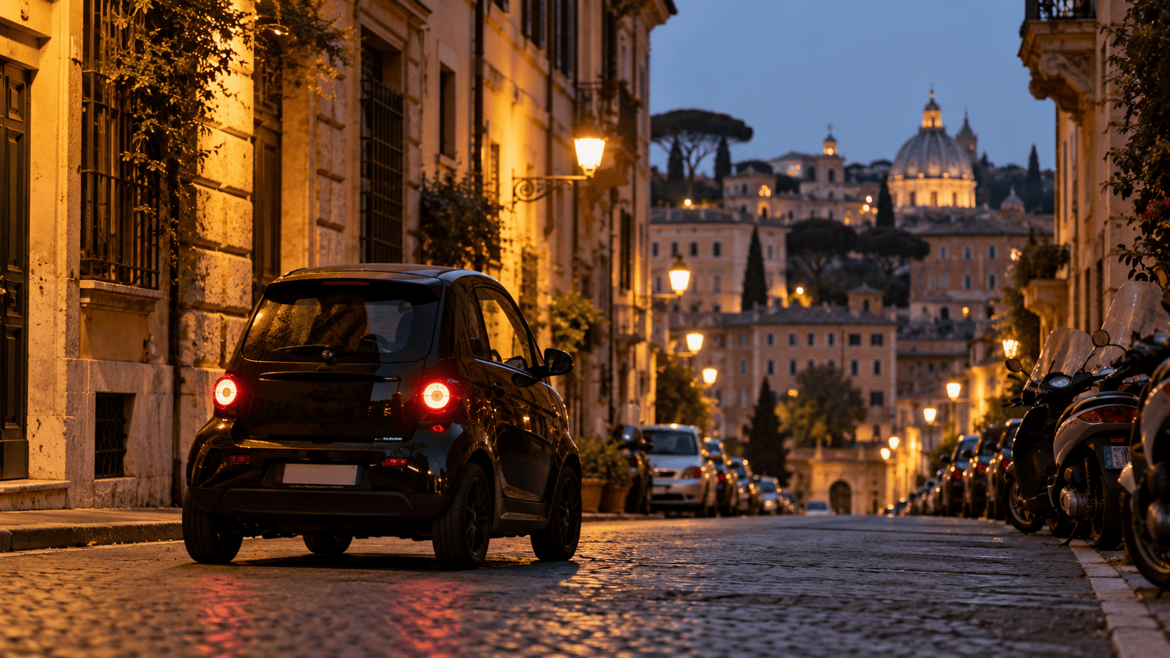 Microcar nera sulle strade di Roma al crepuscolo, immagine illustrativa degli accertamenti sul veicolo