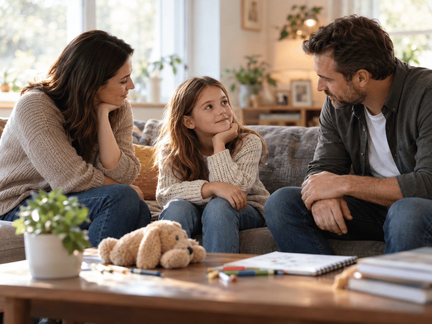 Genitore e figlio condividono un momento familiare sul divano