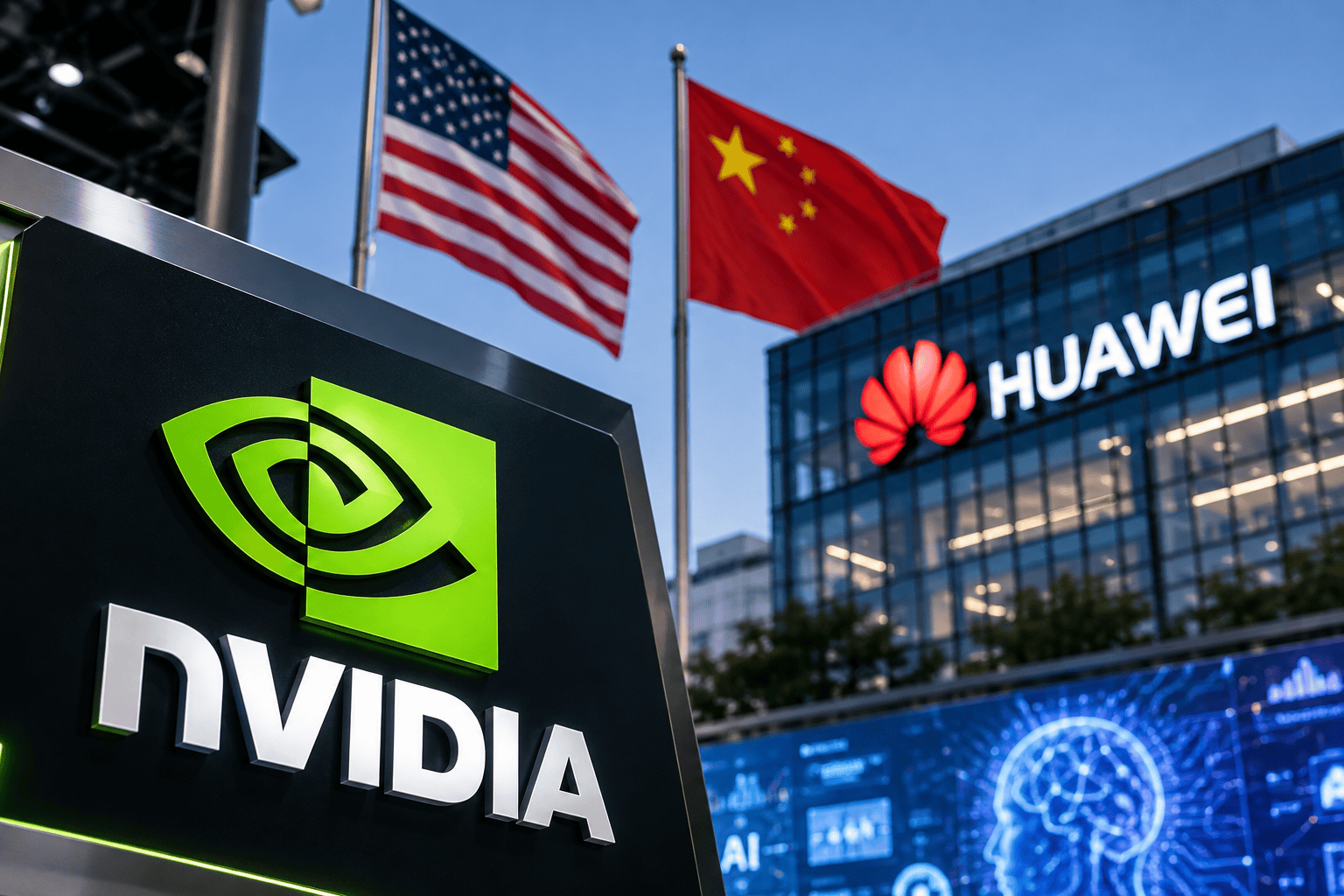 Loghi Nvidia e Huawei nel contesto della competizione tecnologica tra Stati Uniti e Cina