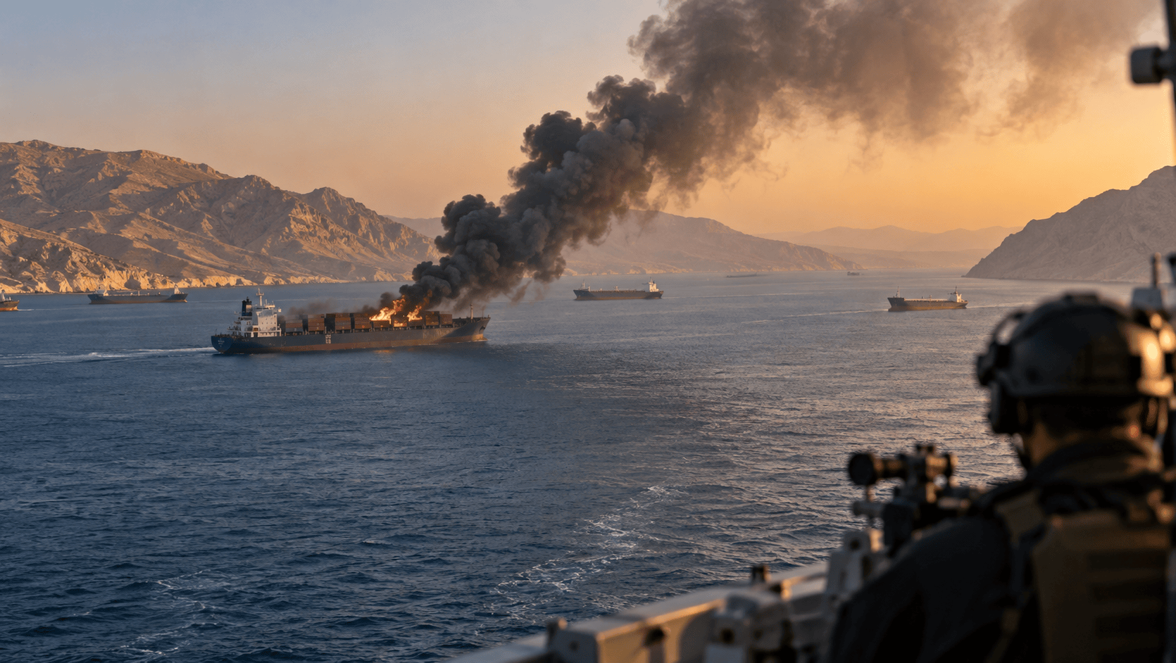Nave commerciale in fiamme in mare al tramonto