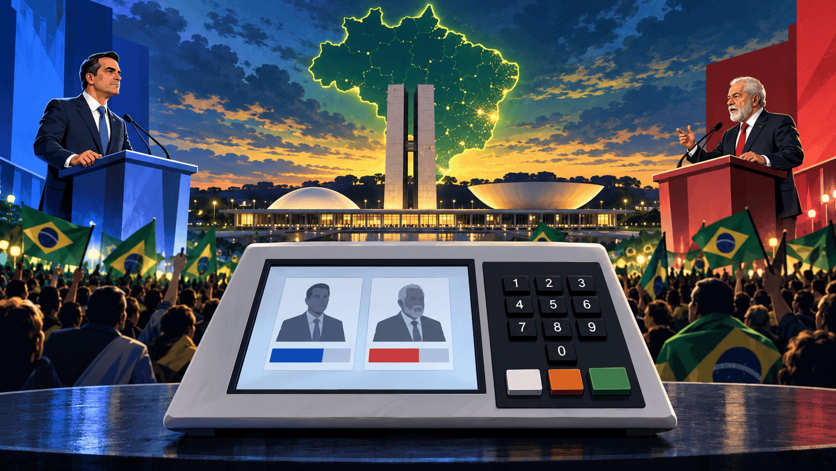 Illustrazione generata con intelligenza artificiale della notte elettorale in Brasile davanti al Congresso di Brasilia