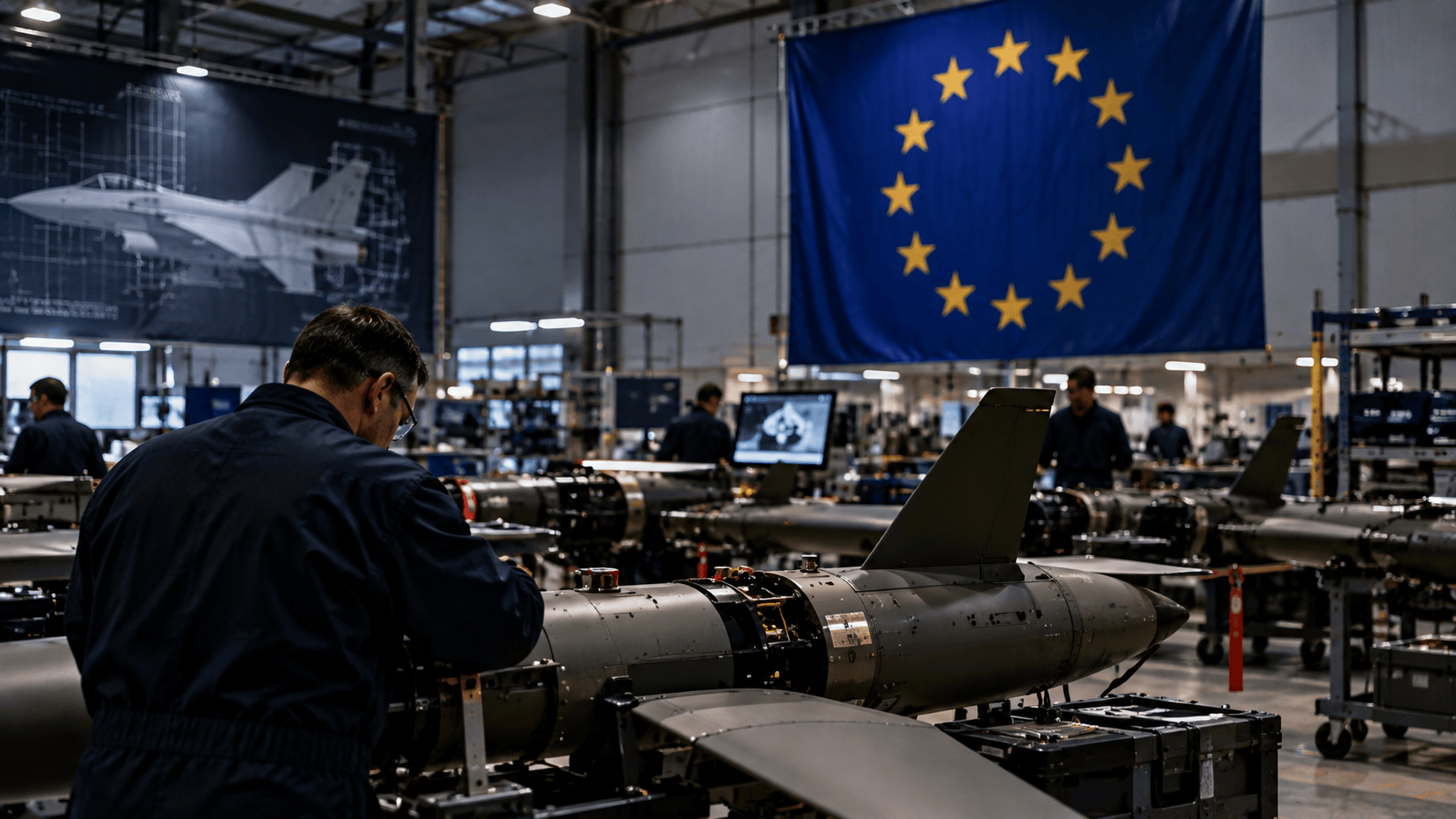 Officina industriale della difesa con bandiera europea e impianti produttivi