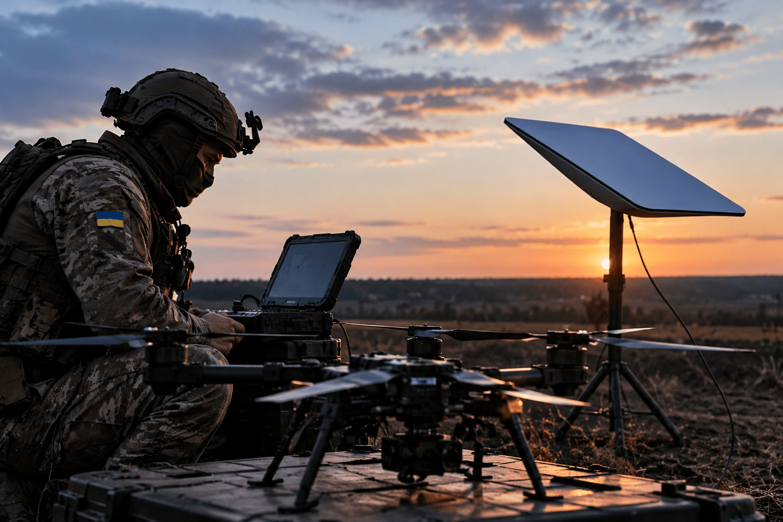 Operatore con drone al tramonto nel contesto delle comunicazioni satellitari Starlink in Ucraina