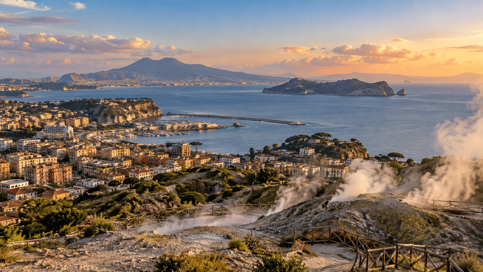 Panorama dei Campi Flegrei e della baia di Pozzuoli al tramonto