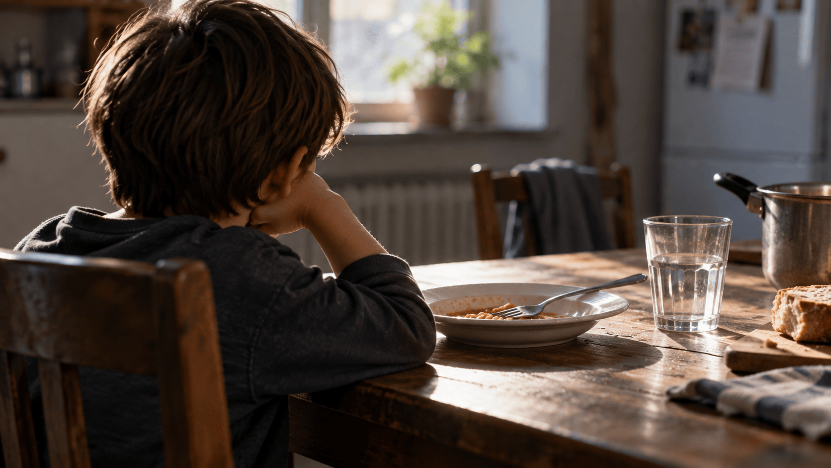 Bambino durante un pasto in una cucina, immagine sulla povertà alimentare minorile