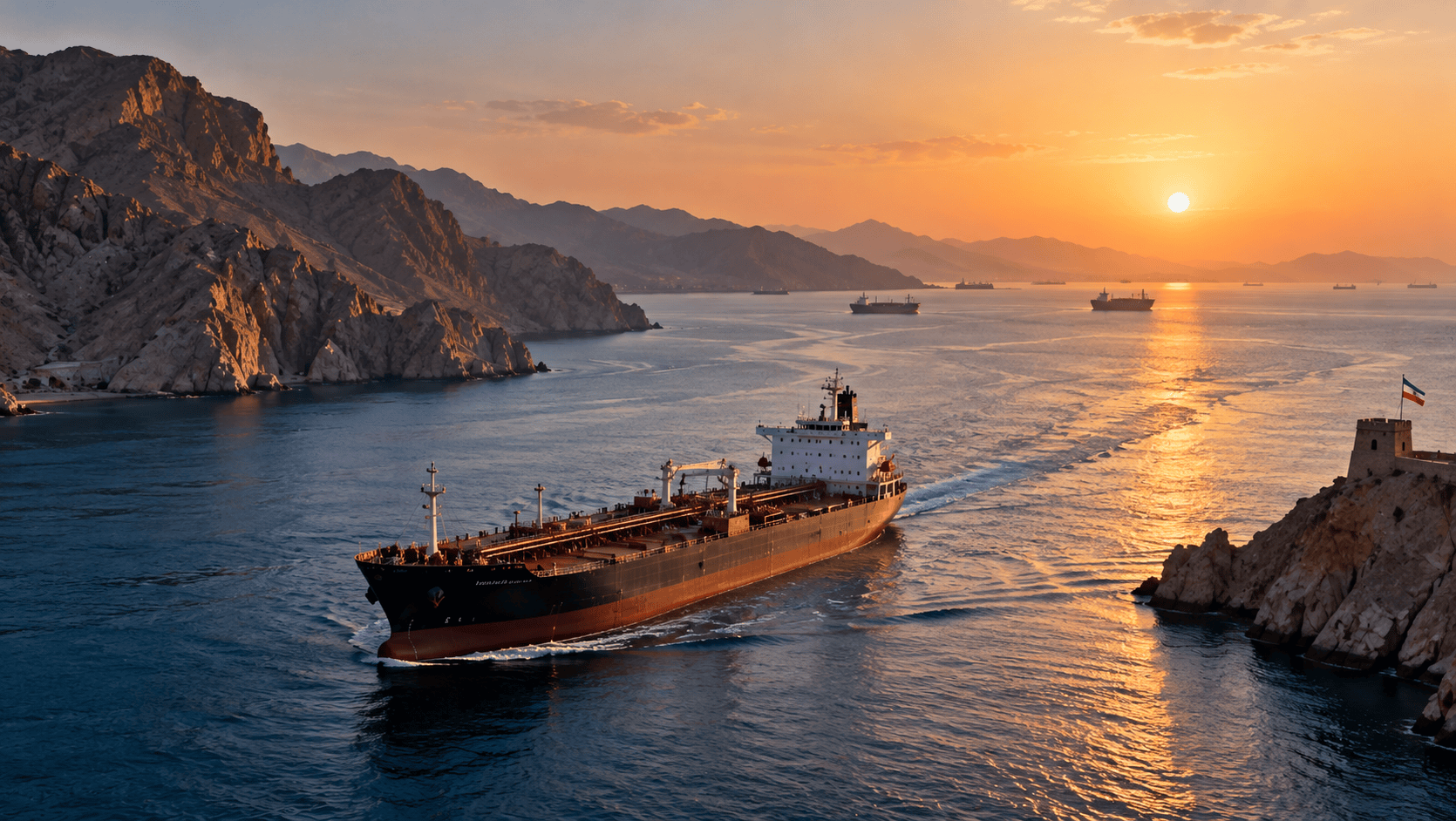 Petroliera in navigazione al tramonto tra coste rocciose