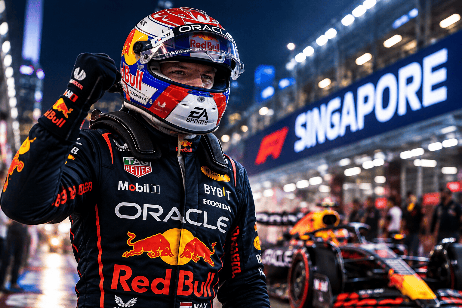Monoposto Red Bull sotto le luci del circuito cittadino di Singapore durante il weekend di Formula 1