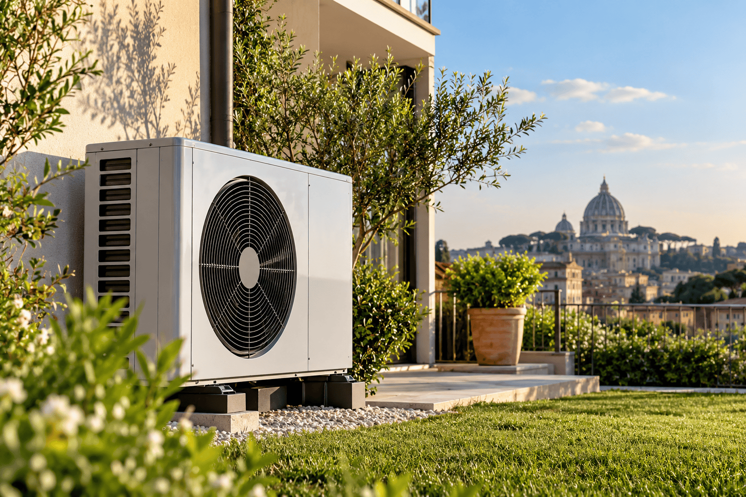 Pompa di calore installata in un'abitazione con vista sulla città di Roma