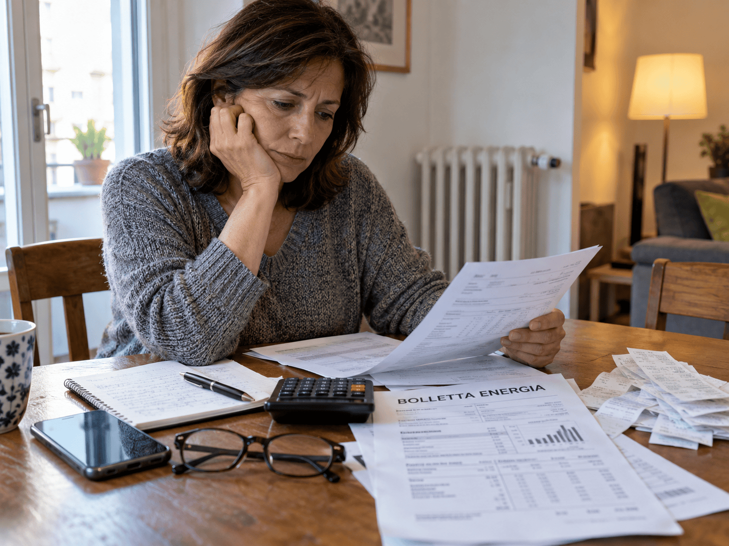 Donna preoccupata mentre legge una bolletta energetica