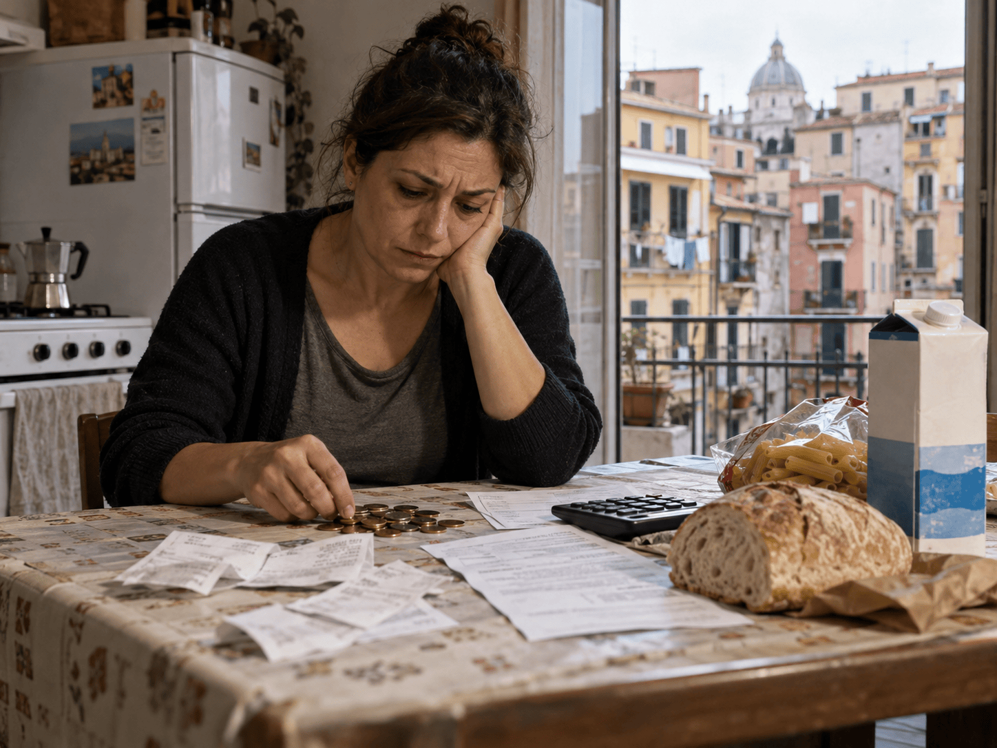 Famiglia preoccupata mentre controlla spese e conti al tavolo della cucina