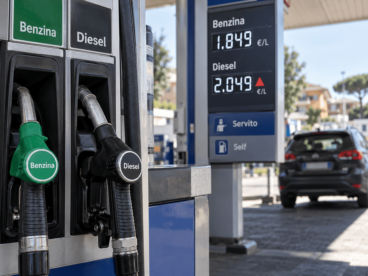 Pistole di benzina e diesel con tabellone dei prezzi in una stazione di servizio