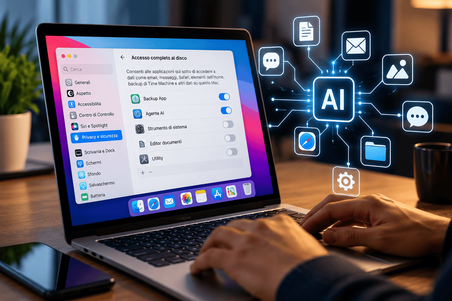 Mac con impostazioni di privacy e collegamenti grafici tra un agente AI e dati personali