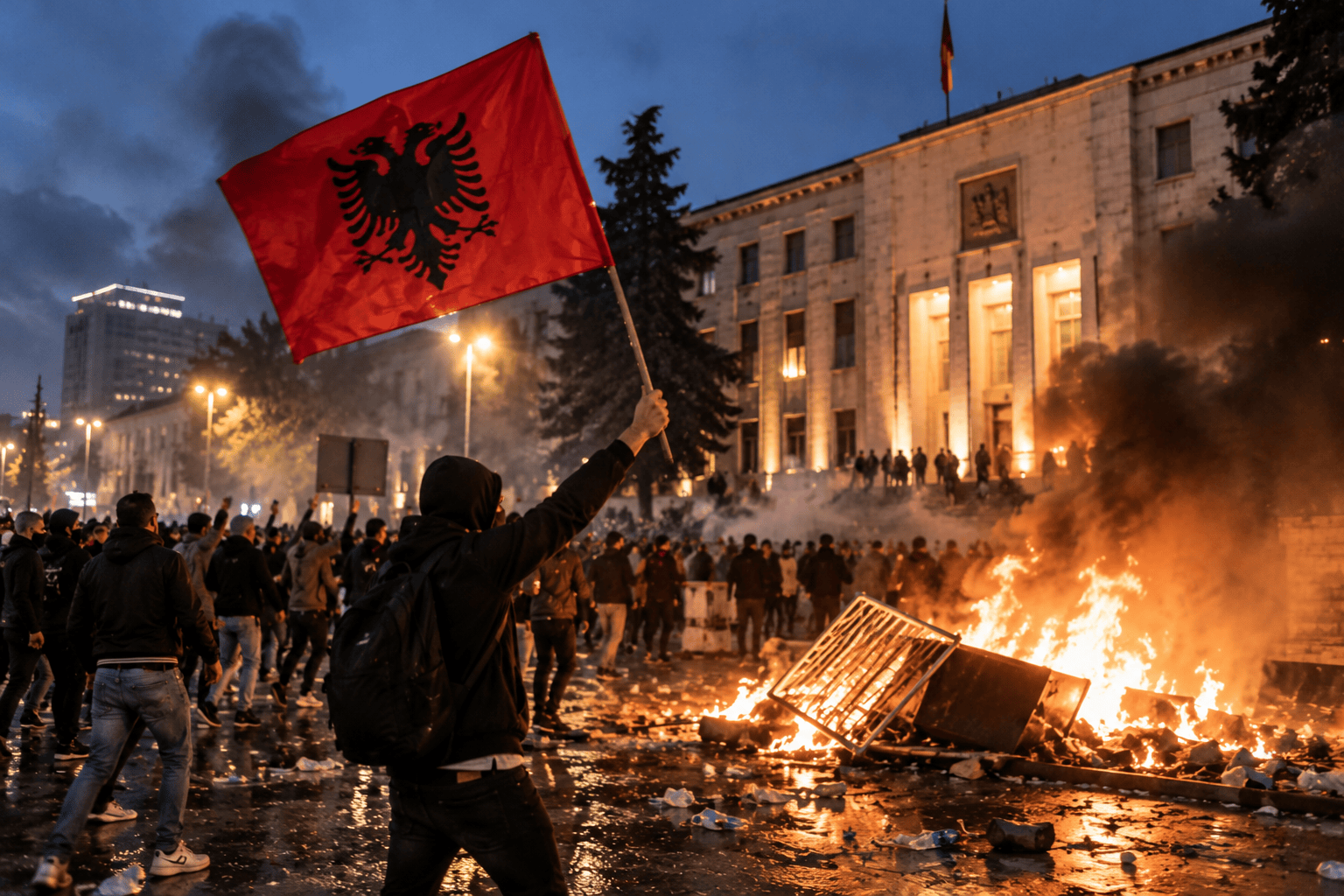 Manifestazione notturna davanti a un edificio istituzionale a Tirana