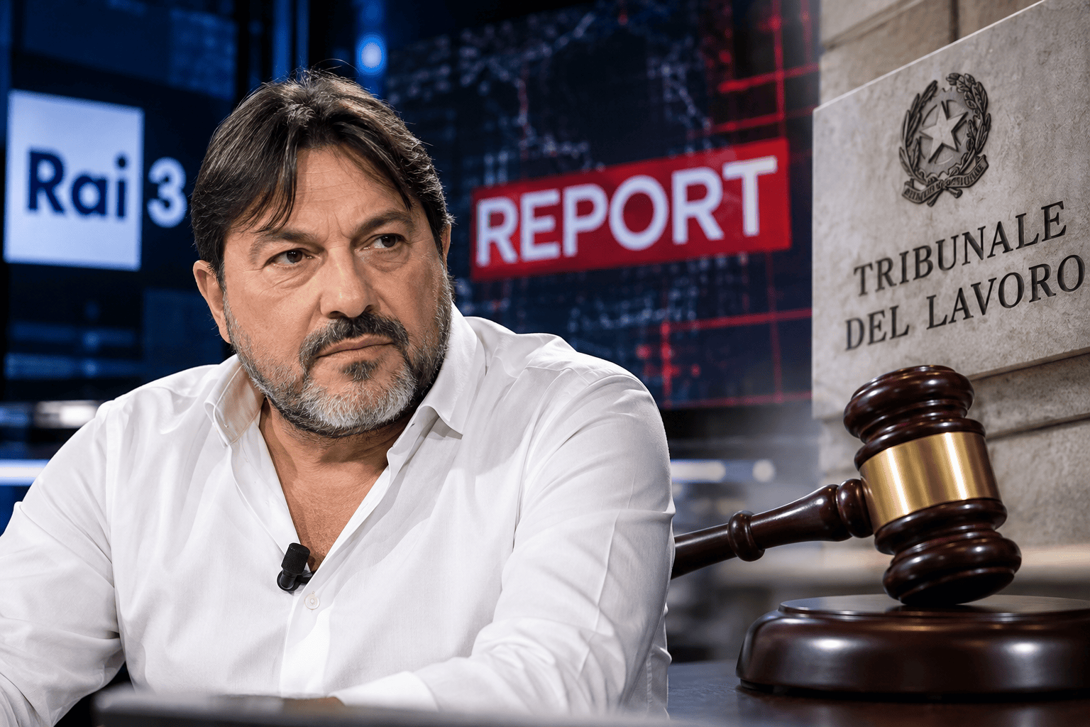 Illustrazione editoriale di Sigfrido Ranucci tra Report, Rai e Tribunale del Lavoro