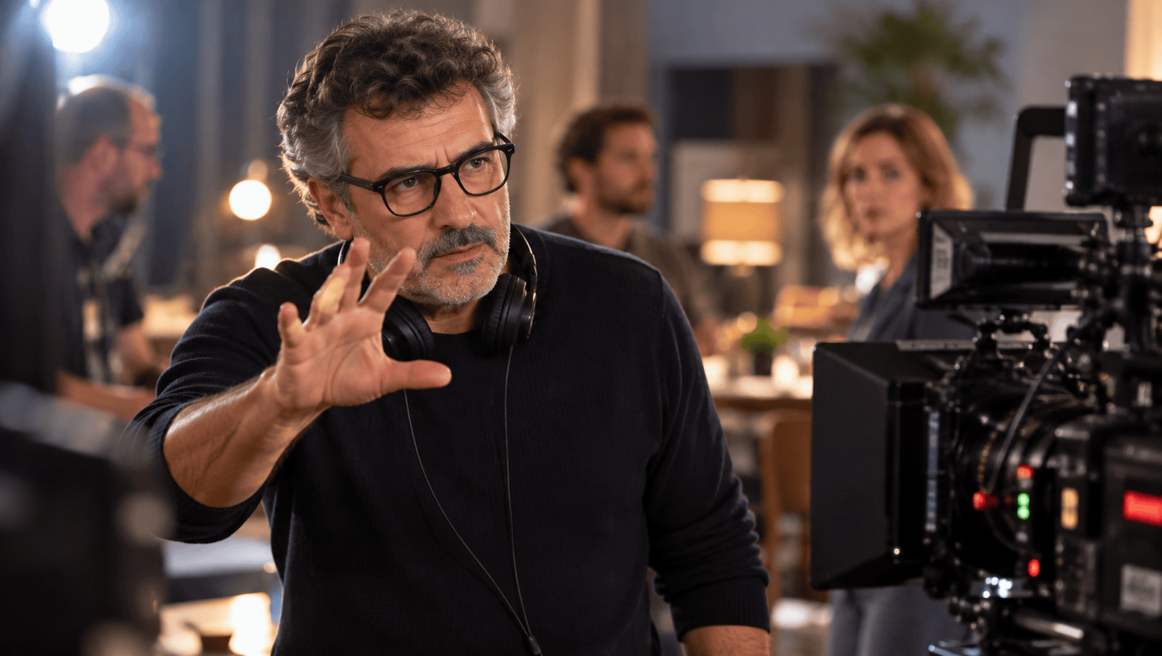 Regista al lavoro sul set cinematografico durante le riprese di un film