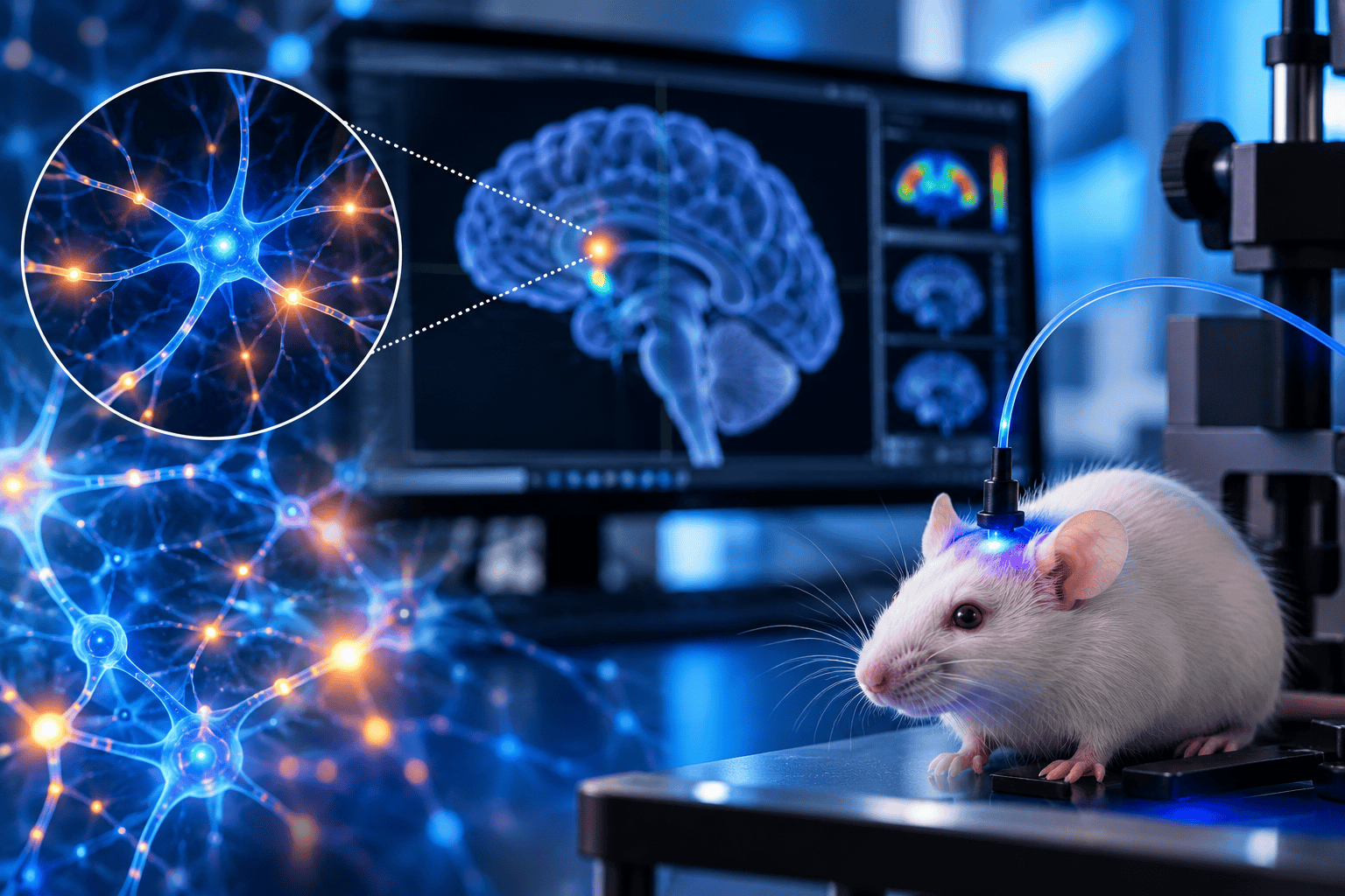 Illustrazione AI di un esperimento di optogenetica con neuroni, cervello e modello animale da laboratorio
