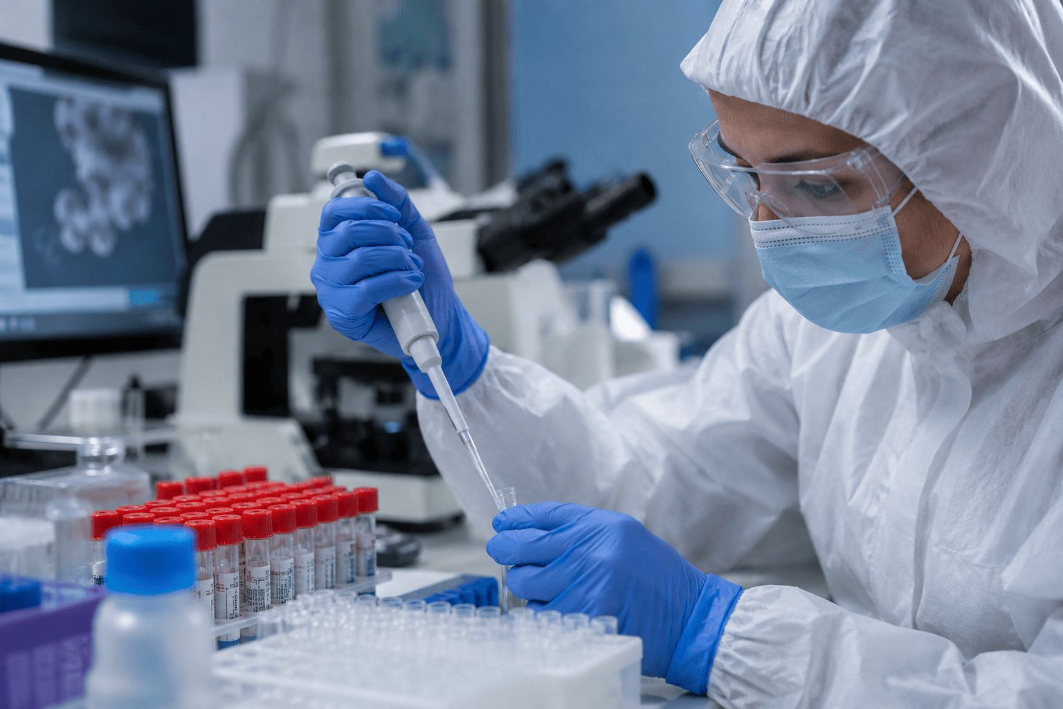 Operatrice di laboratorio con micropipetta, immagine illustrativa relativa alle analisi microbiologiche