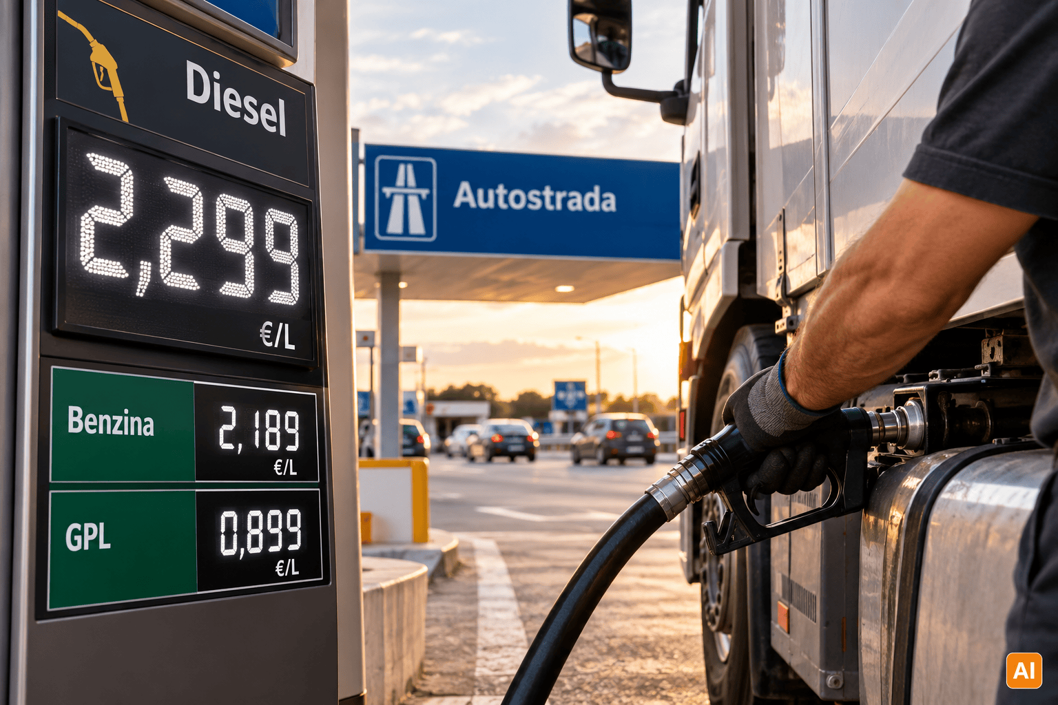 Automobilista effettua un rifornimento di gasolio in autostrada al tramonto