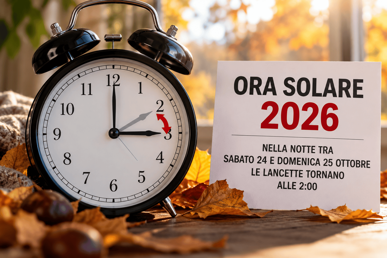 Orologio e paesaggio autunnale per il ritorno all’ora solare 2026