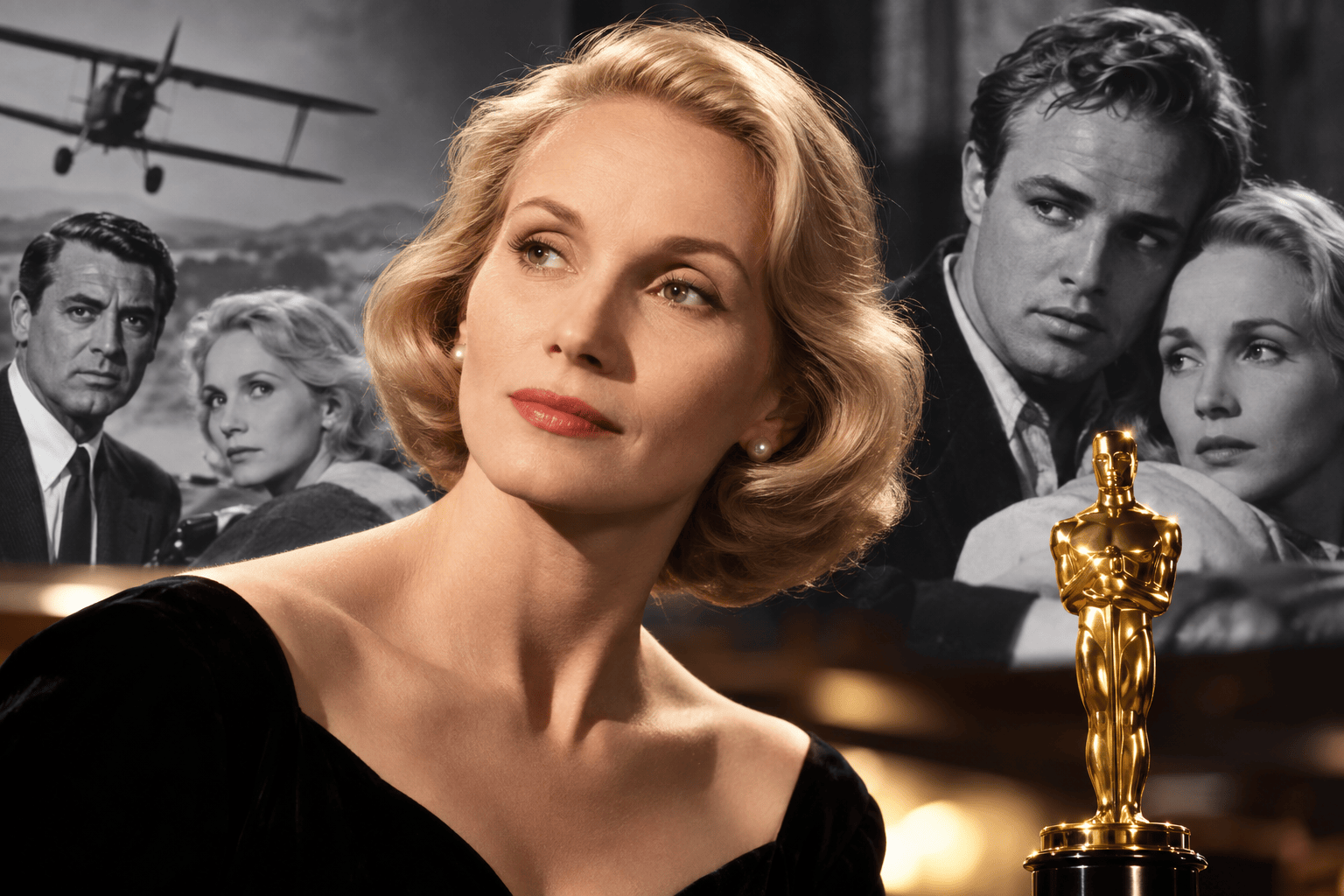 Eva Marie Saint in un ritratto ispirato alla Hollywood classica con statuetta cinematografica