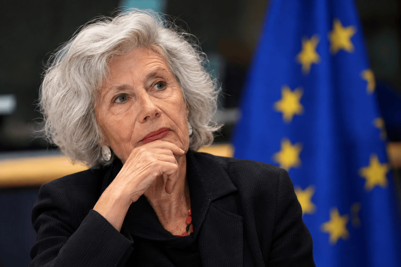 Ritratto pensieroso davanti alla bandiera dell’Unione europea
