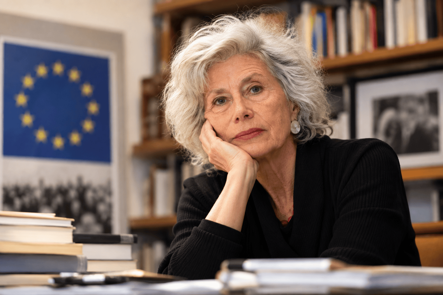 Ritratto pensieroso in biblioteca tra scaffali di libri