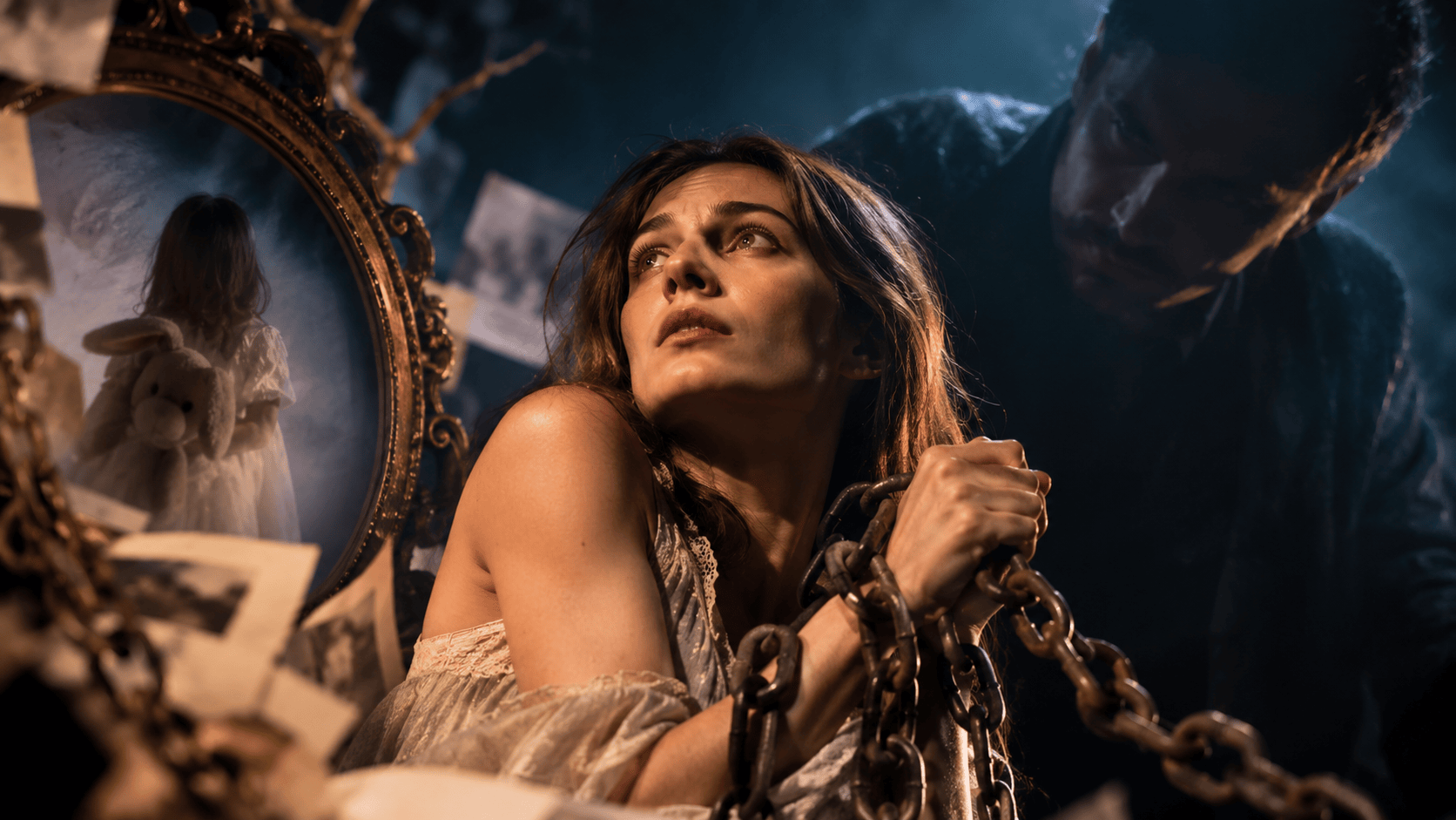 Scena teatrale in penombra con una figura tra catene e ombre, immagine di Rabbit Hole al Teatro Elettra