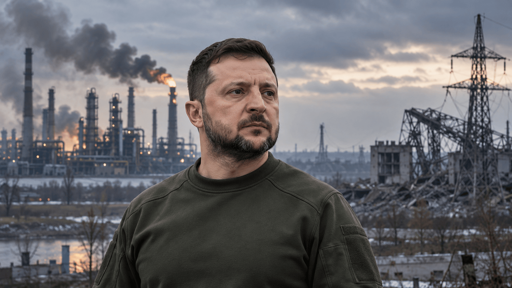 Volodymyr Zelensky tra rovine industriali e fumo nel contesto della guerra in Ucraina