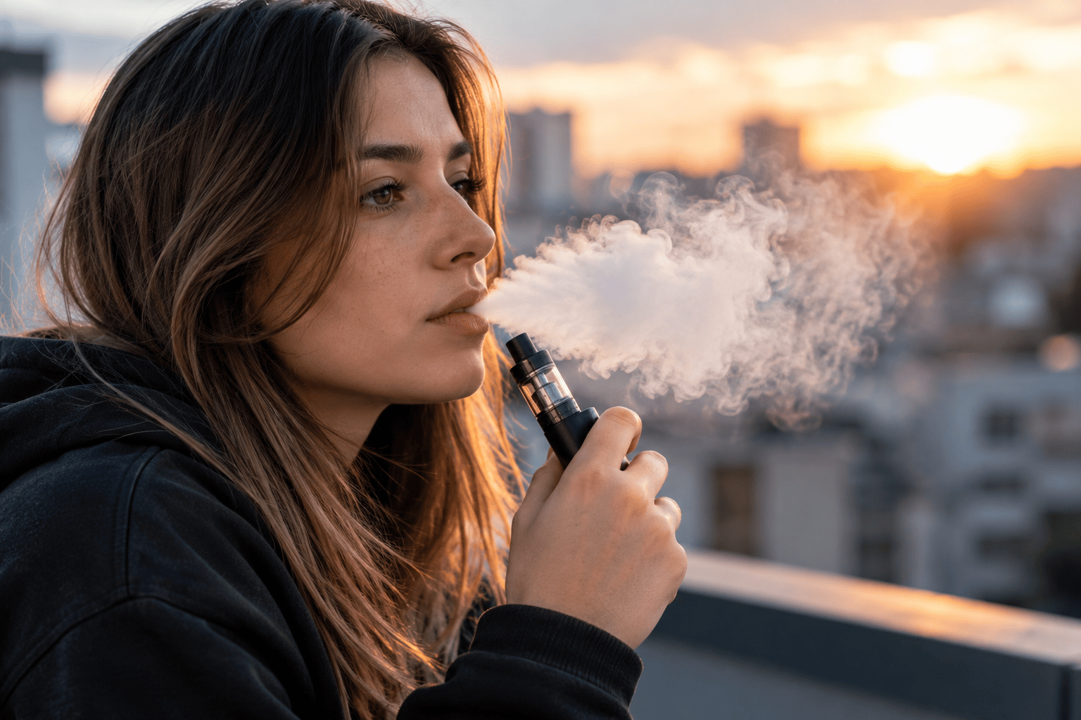Persona con sigaretta elettronica in ambiente urbano al tramonto