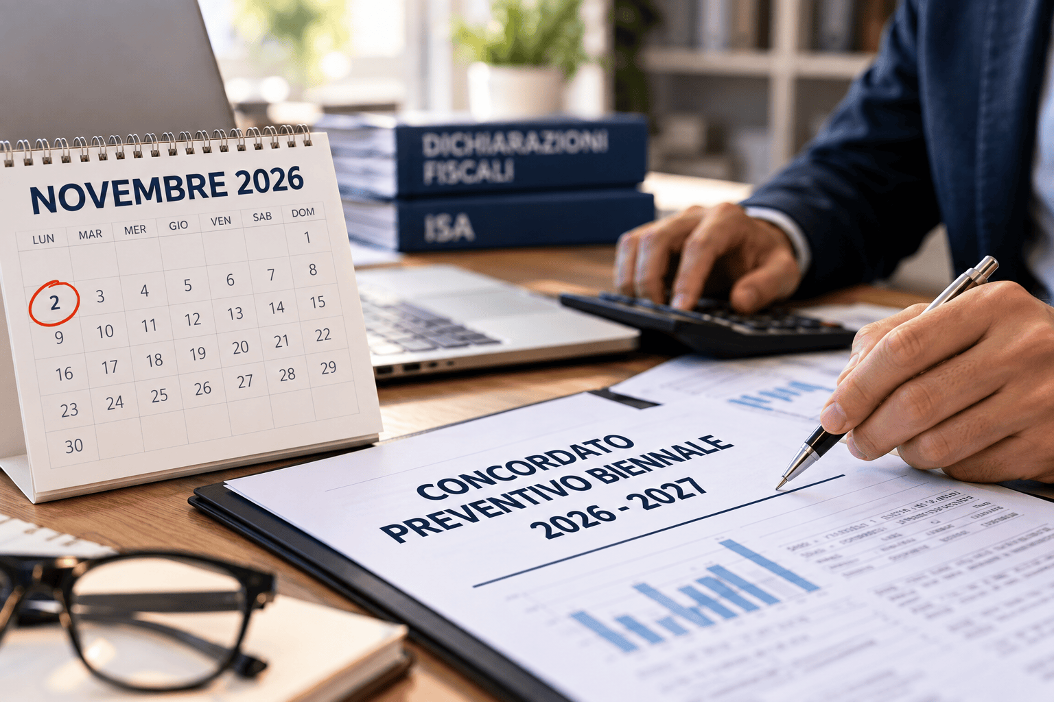 Professionista al lavoro su documenti del Concordato preventivo biennale 2026-2027 con calendario del 2 novembre 2026