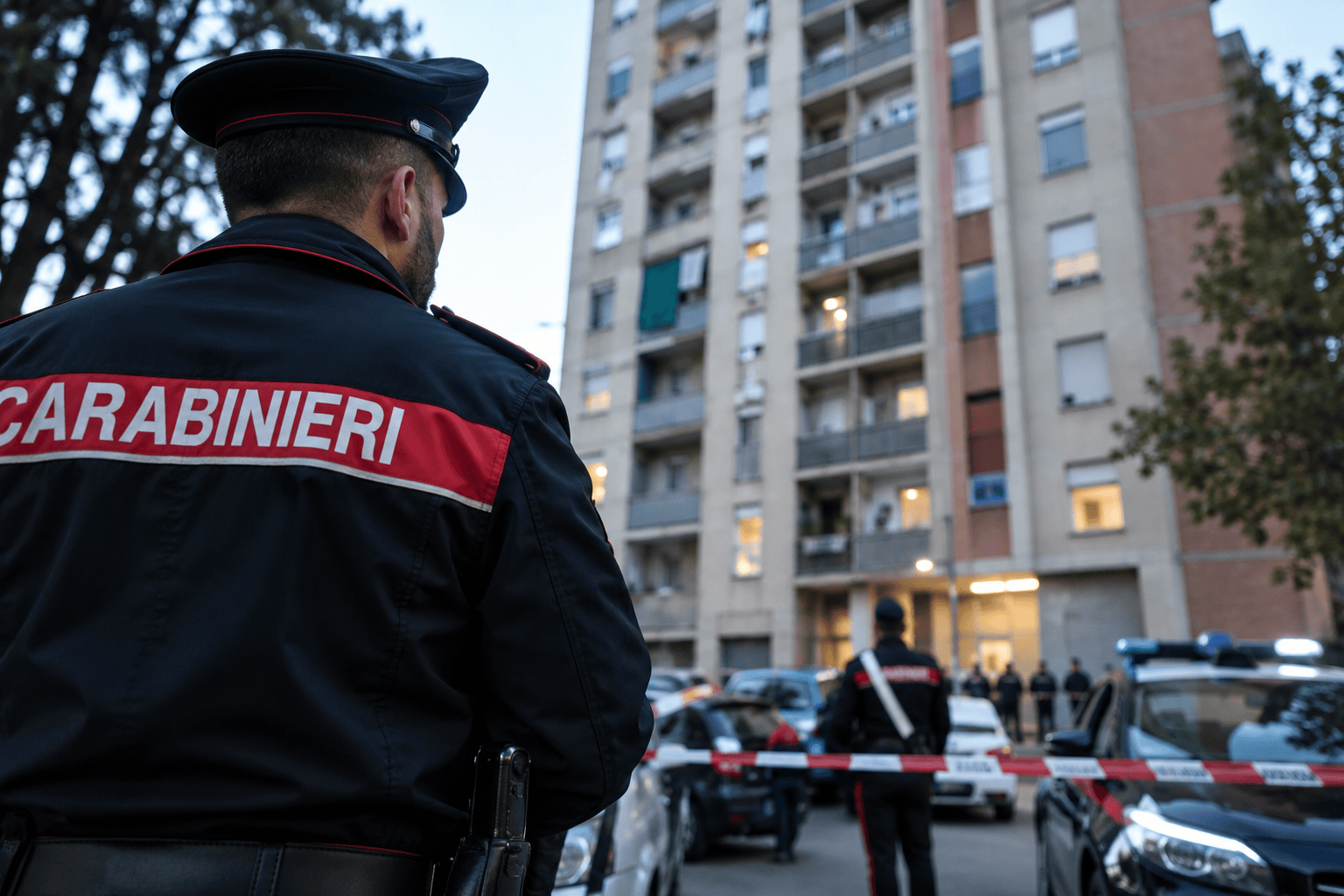 Illustrazione generata con intelligenza artificiale di Carabinieri davanti a un condominio durante un intervento