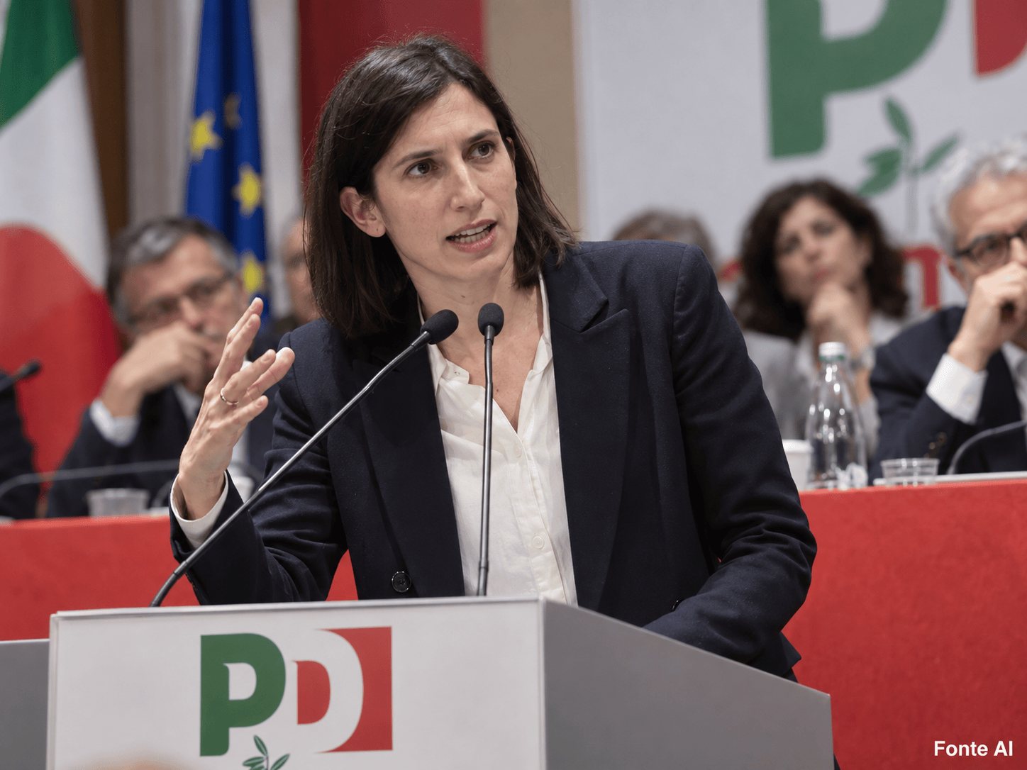 Illustrazione generata con intelligenza artificiale di Elly Schlein durante un intervento politico