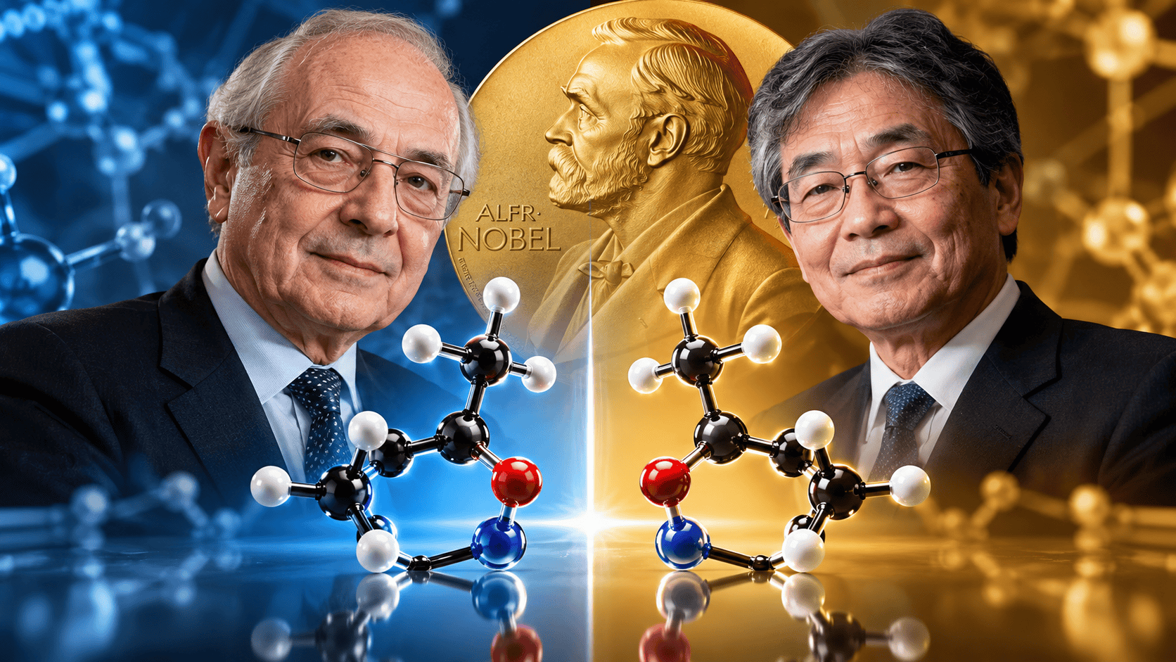 Henri B. Kagan e Kenso Soai con rappresentazione di molecole chirali per il Nobel Chimica 2026