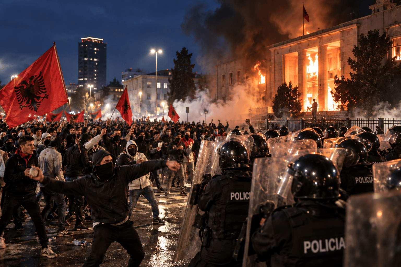 Scontri notturni tra manifestanti e polizia davanti a un edificio in fiamme a Tirana