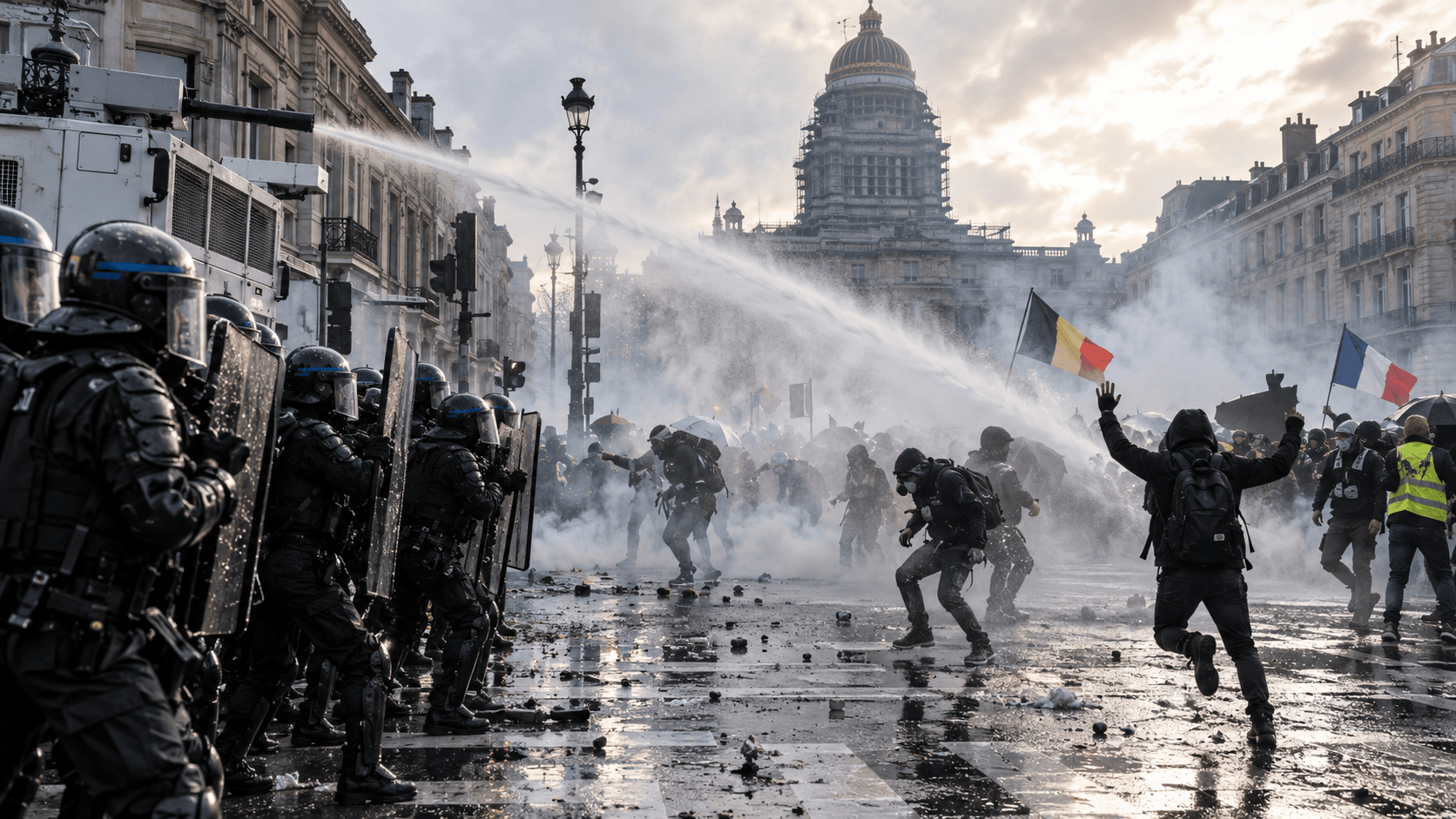 Scontri tra manifestanti e polizia sotto la pioggia durante le proteste in Europa
