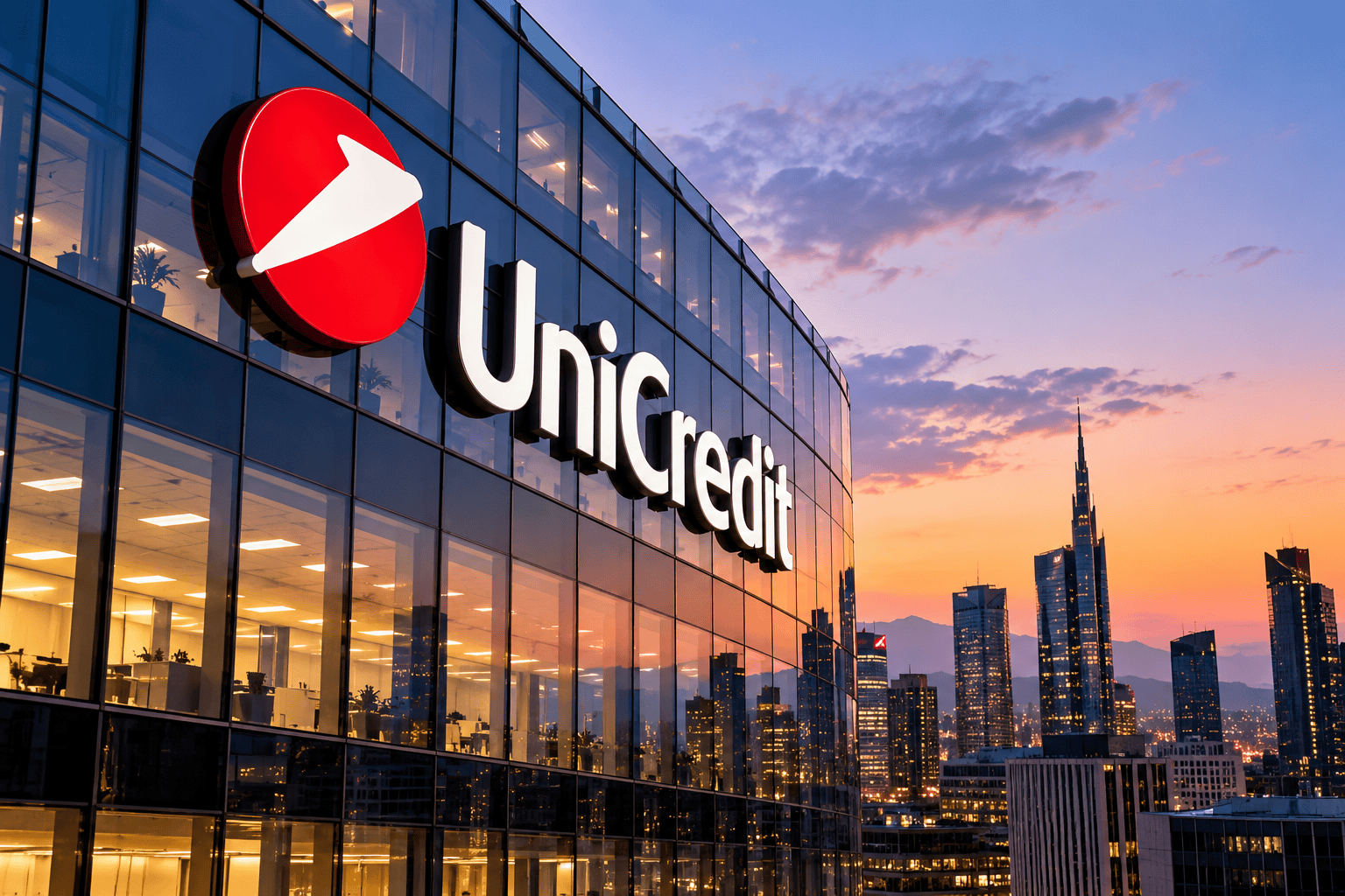 Sede UniCredit al tramonto con il logo della banca